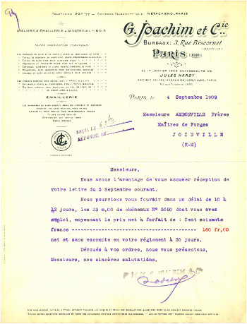 G. Joachim and Co letter to Messieurs Ambonville Frères · 1909