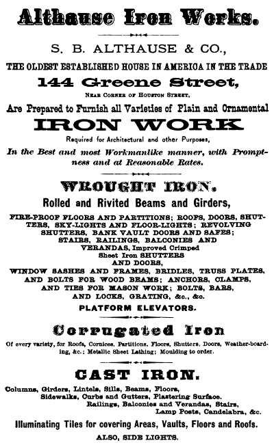 Althause Iron Works ad, National Quarterly Review, 1874