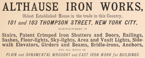 Althause Iron Works ad, New York City Record, 1886