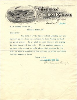 1907 letter from the Champion Iron Company to J. W. Penney & Sons