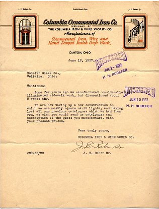 1937 Letter from Columbia Ornamental Iron Co to Rodefer Glass Co