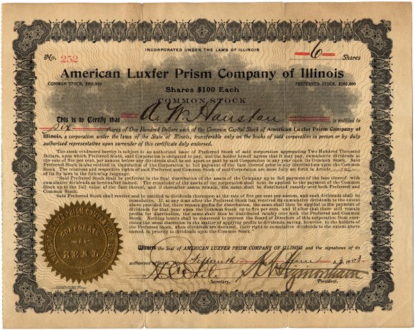 American Luxfer Prism Company of Illinois Stock Certificate (front)