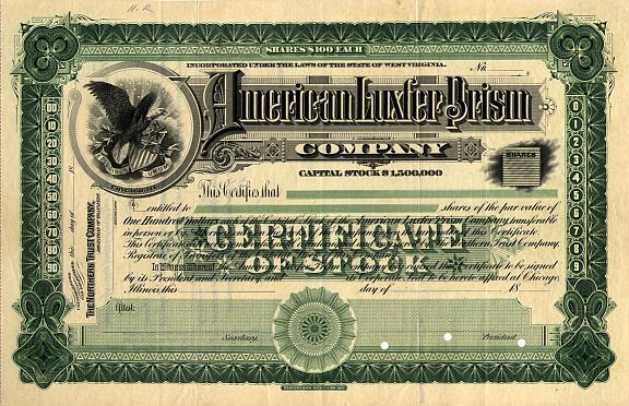 American Luxfer Prism Company Sample Stock Certificate (front)
