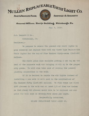 Mullen Replaceable Vault Light letter to J. G. Bennett & Co. · 1918