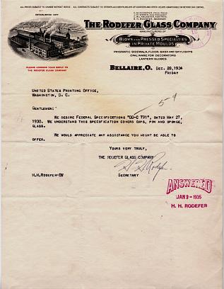 1934 letter to United States Printing Office from Rodefer Glass Company