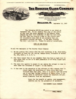 Rodefer Glass Company: 1937 internal memorandum regarding drinking on company premises