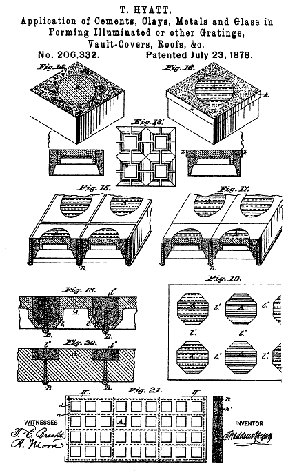 206,332 &middot; Hyatt &middot; Improvement in the Application of Cements, Clays, Metals and Glass in forming Illuminated or Other Gratings, Vault-Covers, Roofs, &c.