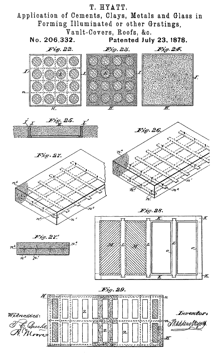 206,332 &middot; Hyatt &middot; Improvement in the Application of Cements, Clays, Metals and Glass in forming Illuminated or Other Gratings, Vault-Covers, Roofs, &c.