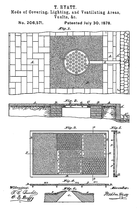 206,571 &middot; Hyatt &middot; Improvement in Modes of Covering, Lighting, and Ventilating Areas, Vaults, &c.