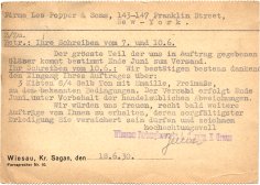 1930 Postcard from Wiesauer Farbenglaswerke to Leo Popper & Sons (back)