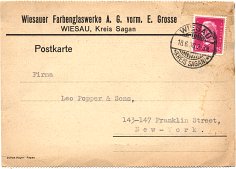 1930 Postcard from Wiesauer Farbenglaswerke to Leo Popper & Sons (front)