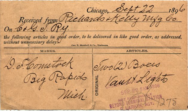 1896 freight receipt of D. J. Comstock's order from Richards & Kelly for vault lights