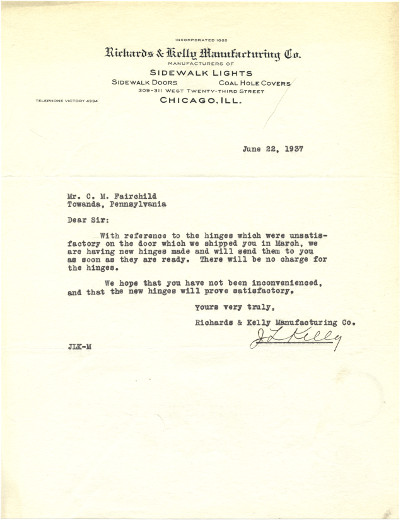 1937 letter to Mr. C. M. Fairchild from Richards & Kelly re unsatisfactory door hinges