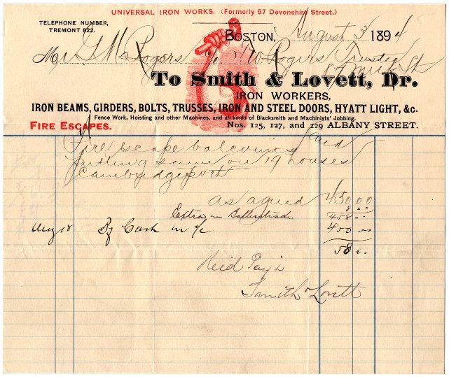 Smith & Lovett bill to Rogers · 1894