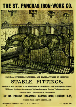St. Pancras Iron-Work Co. ad · Stable Building and Stable Fitting · 1891