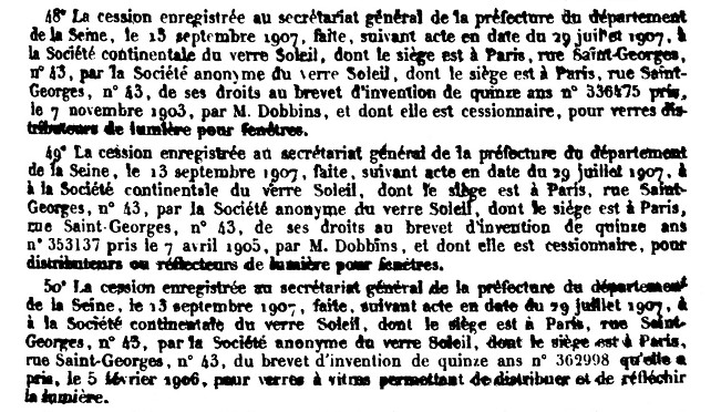 Verre-Soleil patents in Bulletin des lois de la République française, 1908