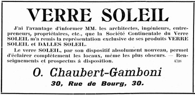 Verre-Soleil ad from Bulletin Technique de la Suisse Romande, 10 May 1908