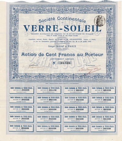 Verre-Soleil stock certificate with attached coupons (front), 1907