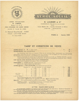 Verre-Soleil tarifs insert dated 1929